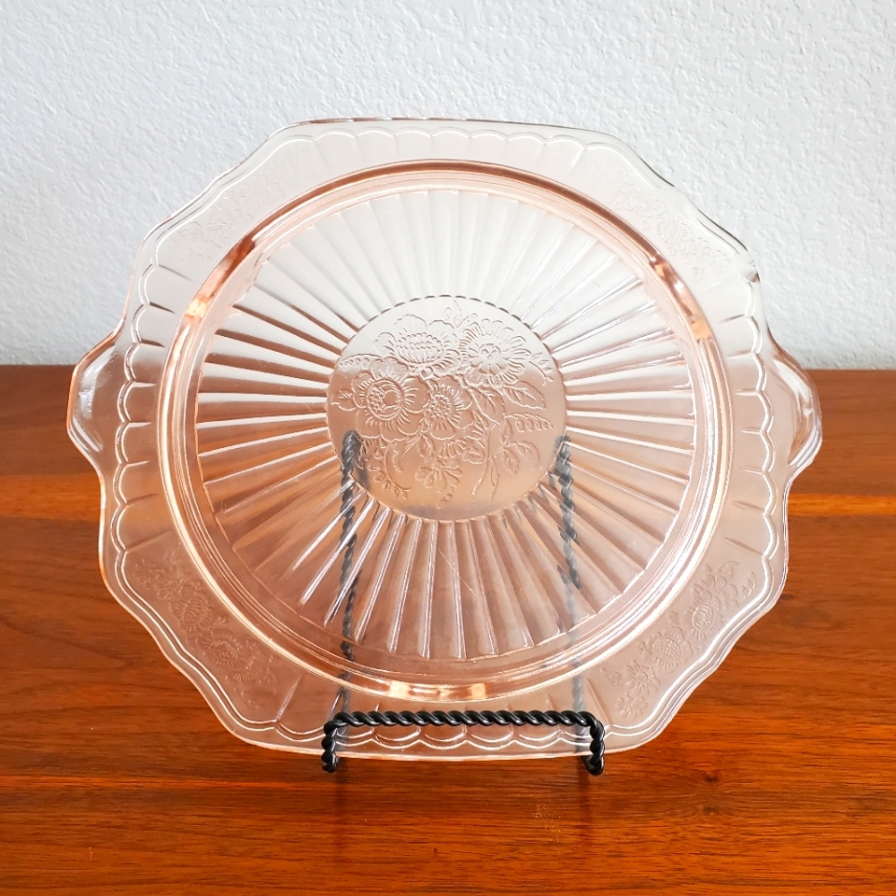 Depression Era Mayfair Open Rose Pink Glass Footed Cake Plate